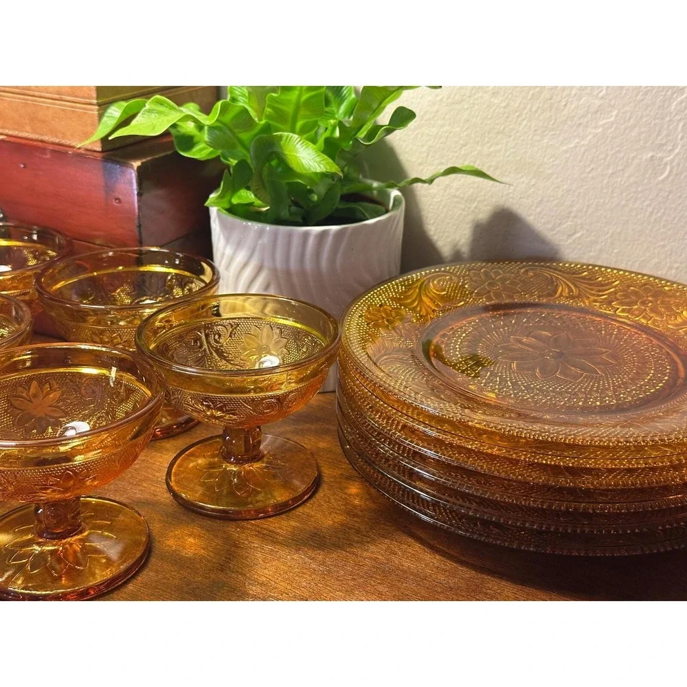 Vintage Amber Glass Dessert Set — 5 Sherbet Cups & 6 Plates, MCM Glassware